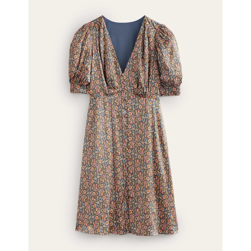 Boden Satin Midi Tea Dress‎ Floral V-Neck Puff Sleeve Size 4 Long